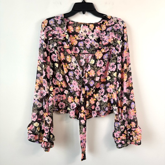 Free People Mayble Floral Tie Front Blouse Black Multi S - Picture 3 of 9